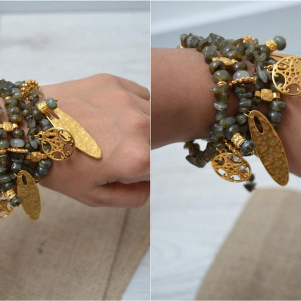 Genuine Labradorite & Gold Plated Charm Bracelets